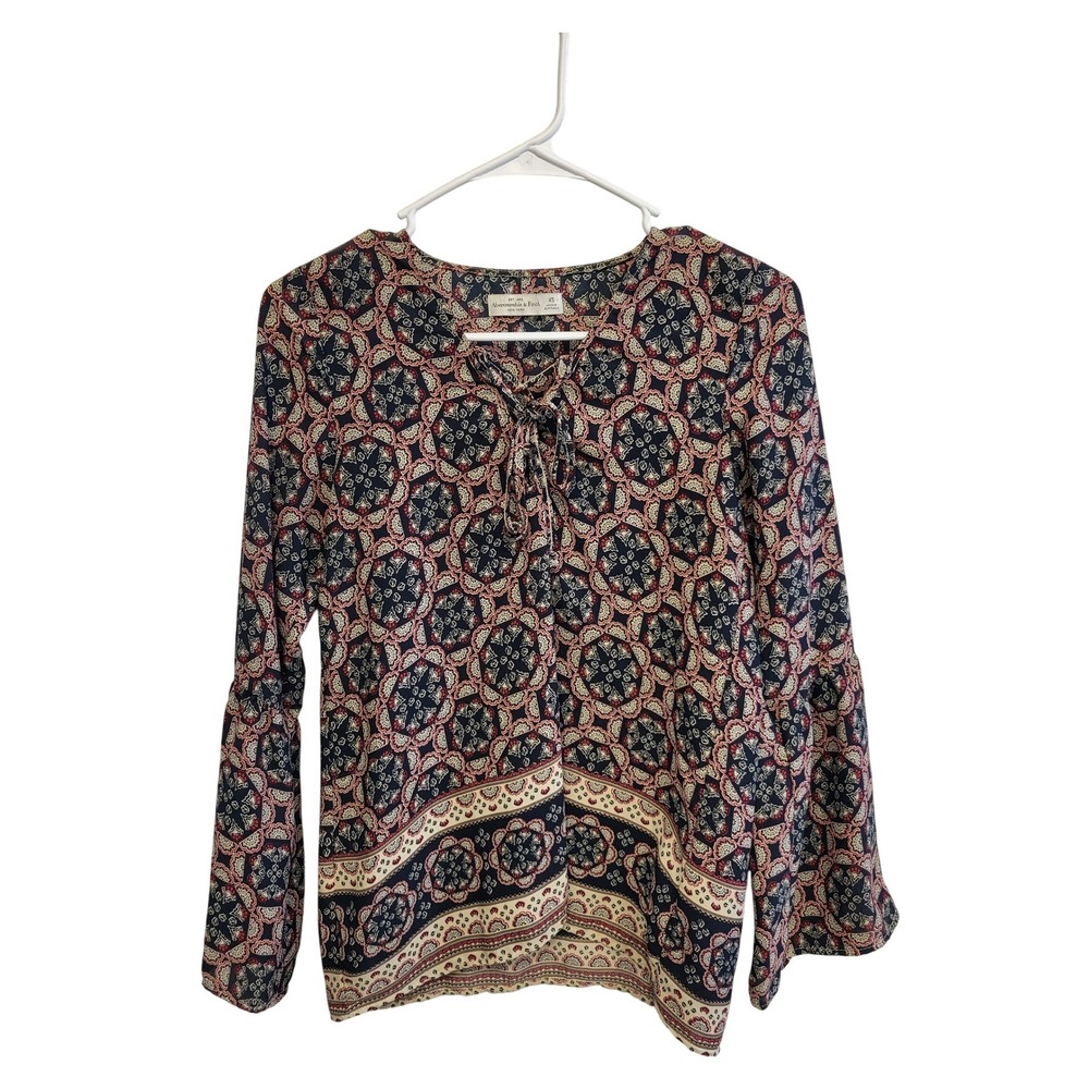 Abercrombie & Fitch Blouse Women XS Navy Blue Boho Medallion Bell Sleeve Lace Up